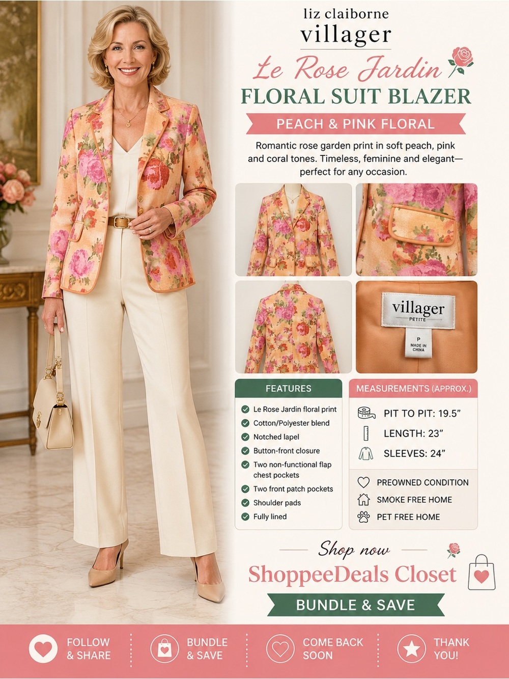 Liz Claiborne Villager Le Rose Jardin Floral Suit Blazer – Peach & Pink Floral –